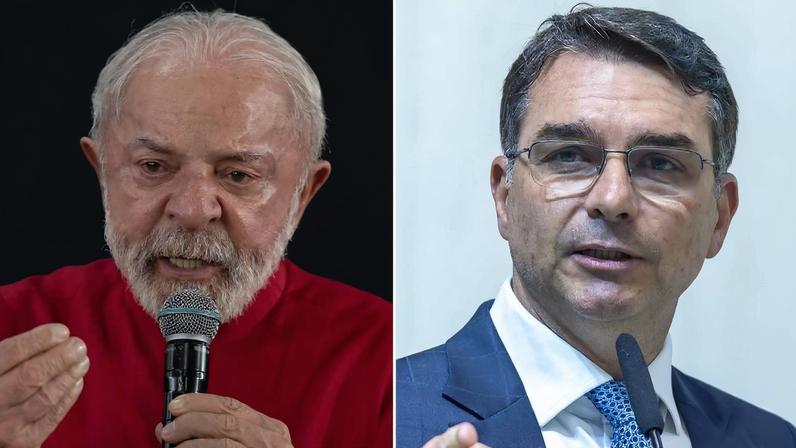 Montagem com as fotos do presidente Lula (PT) e do senador Flávio Bolsonaro (PL)