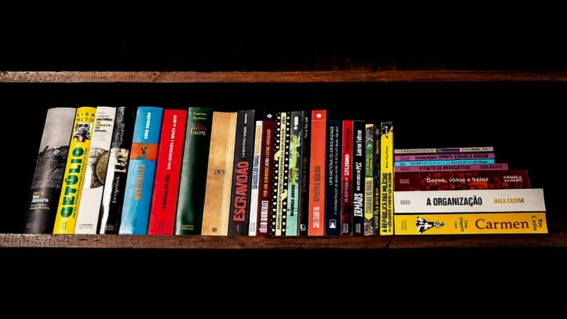 Estante de madeira com 18 livros alinhados na horizontal, com lombadas coloridas em tons de amarelo, vermelho, azul, preto e branco. Os títulos são variados, incluindo obras literárias e acadêmicas, com alguns nomes legíveis como 'Carmen' e 'A Organização'.