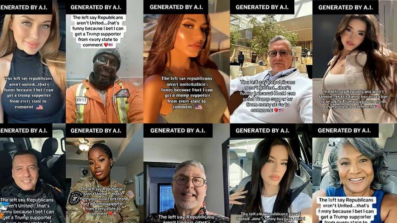 Dez retratos de pessoas diversas, homens e mulheres, em diferentes ambientes, cada um com texto sobre opiniões políticas relacionadas a republicanos e apoiadores de Trump. As imagens mostram pessoas em poses variadas, algumas sorrindo, outras sérias, com fundos internos e externos variados.