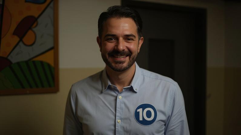 Homem de cabelos curtos e barba sorrindo, veste camisa azul clara com adesivo redondo azul e branco com o número 10 no peito. Fundo interno com parede bege e quadro colorido.