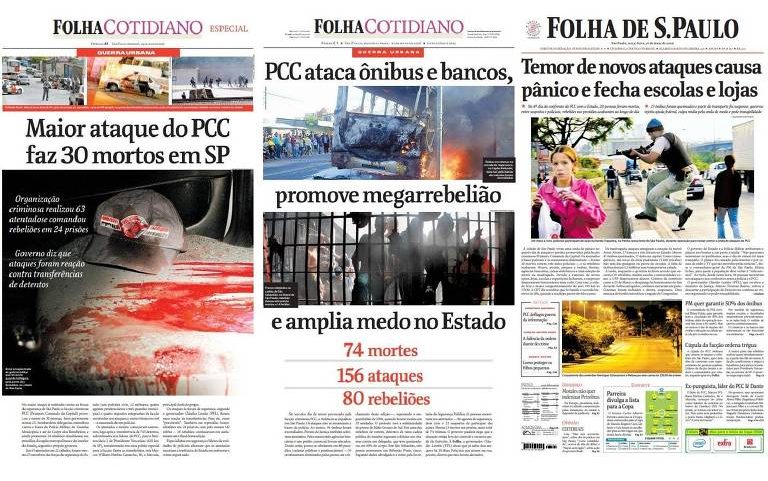Capas da Folha e do caderno especial de Cotidiano nos dias 14, 15 e 16 de maio de 2006, seguintes ao ataque do PCC em São Paulo