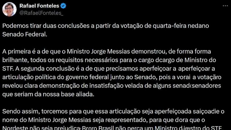 Publicação do governador do Piauí, Rafael Fonteles (PT), no X defendendo reapresentação de Messias