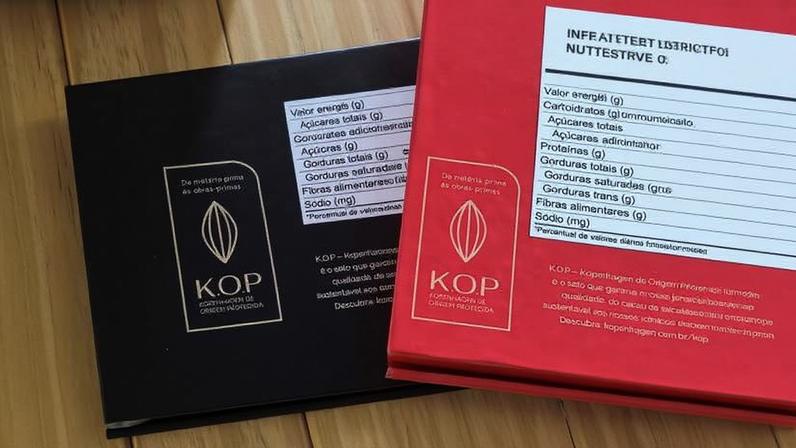 Duas caixas de chocolate KOP sobre superfície de madeira clara, uma preta e outra vermelha, exibindo logotipo com cacau estilizado e tabela nutricional parcialmente visível.