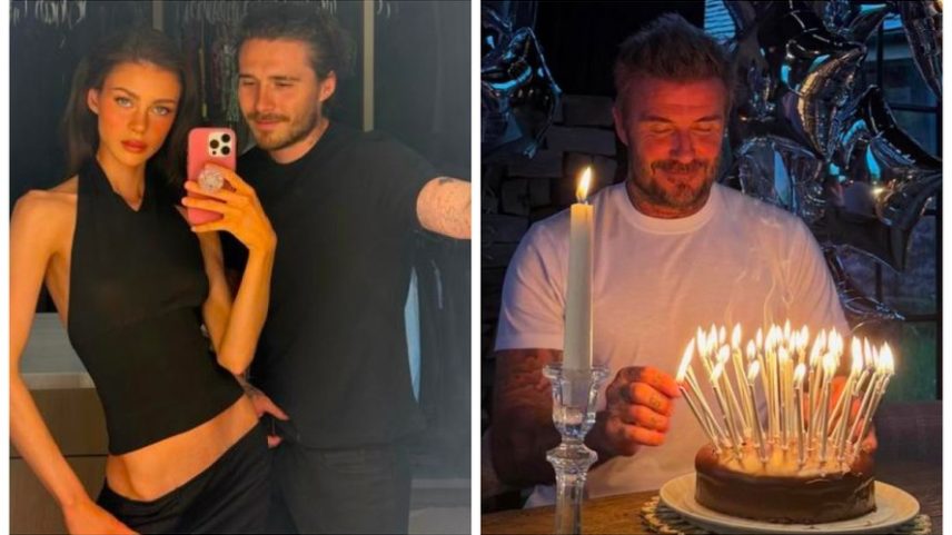 Brooklyn Beckham e Nicola Peltz; e David Beckham durante as celebrações de seu aniversário de 51 anos