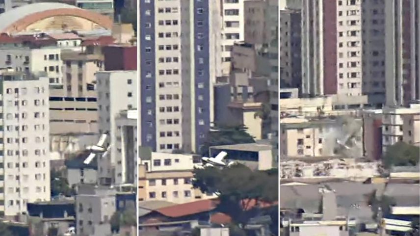 Imagens da TV Globo flagraram o momento em que o avião bate em um prédio em Belo Horizonte