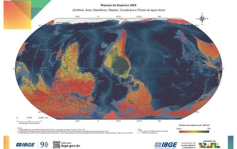 Novo mapa invertido do IBGE traz Brasil no centro do mundo e indicador de diversidade de espécies