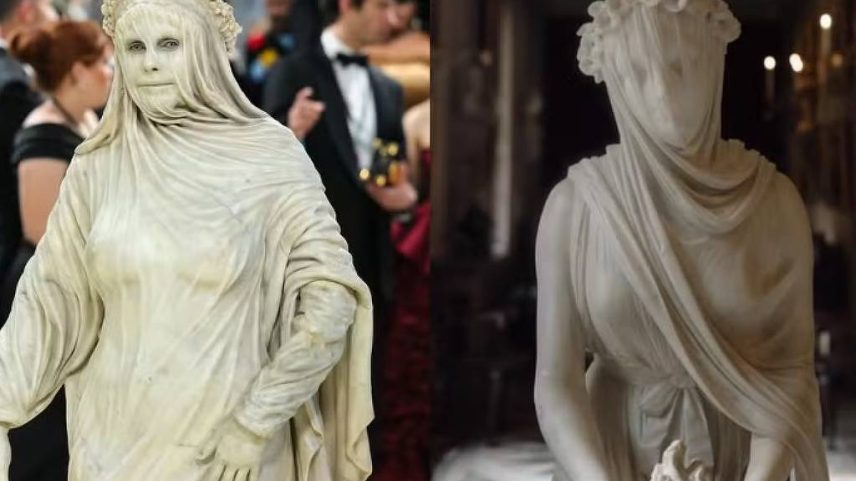 Heidi Klum representou uma ilusão de ótica inspirada na 'Veiled Vestal', obra de Raffaelle Monti