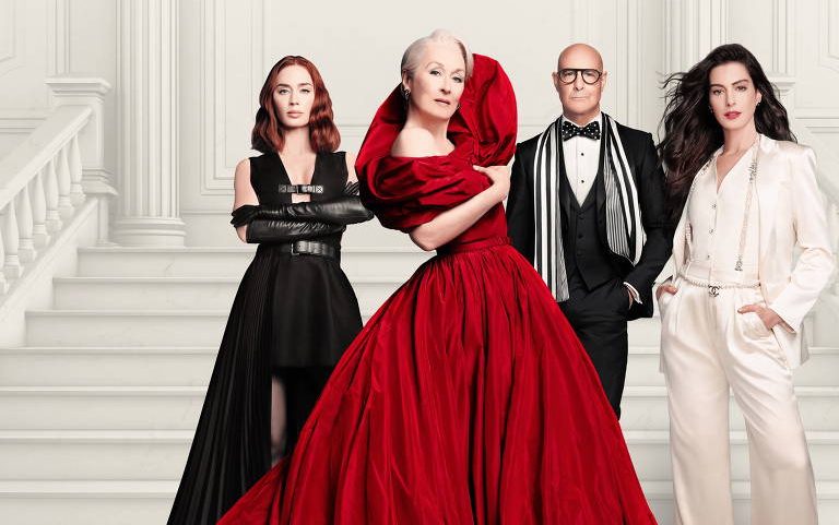 Emily Blunt, Meryl Streep, Stanley Tucci e Anne Hathaway em imagem do filme 'O Diabo Veste Prada 2', de David Frankel