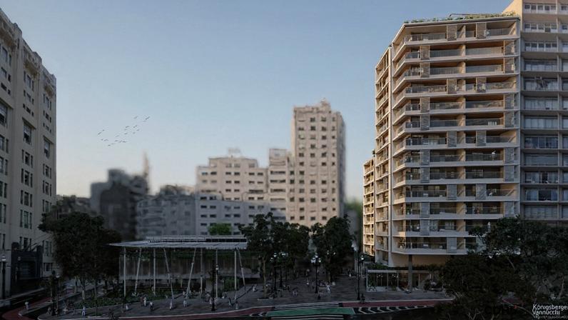 Vista a partir da frente da Faculdade de Direito com a projeção do novo uso da Praça Ouvidor Pacheco e Silva. Onde hoje há um estacionamento e um canteiro de obras, serão erguidos um centro de convivência e práticas jurídicas e um edifício residencial