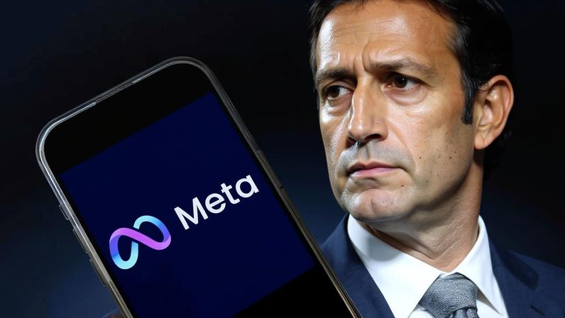 Imagem de Mark Zuckerberg, CEO da Meta, ao lado do logotipo da Meta