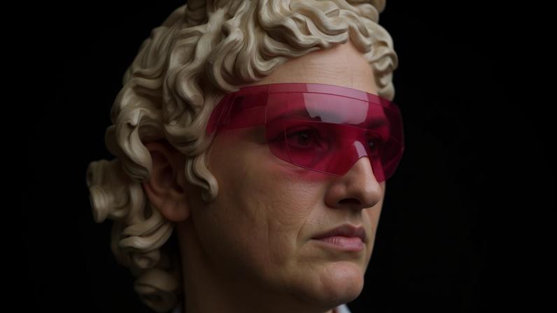 Cabeça de escultura clássica em mármore branco com cabelos cacheados, usando óculos grandes e translúcidos cor de rosa, sobre fundo rosa liso.