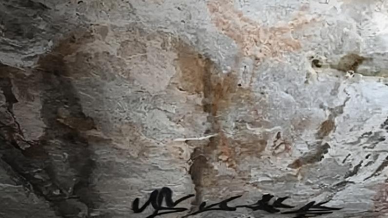 Pichação sobre pintura rupestre no sítio arqueológico Abrigo Congonhas, no Parque Nacional da Serra do Cipó