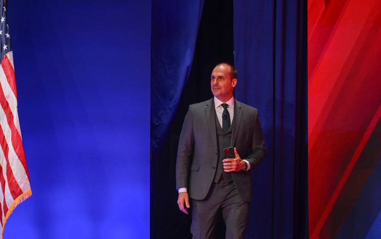O ex-deputado federal Eduardo Bolsonaro, em evento nos EUA