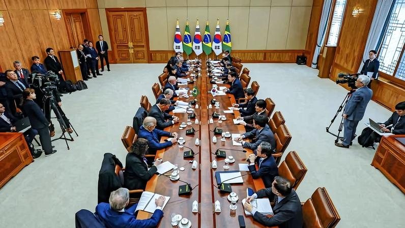 Lula e sua comitiva se reúnem com o presidente sul-coreano, Lee Jae-myung, e membros do governo