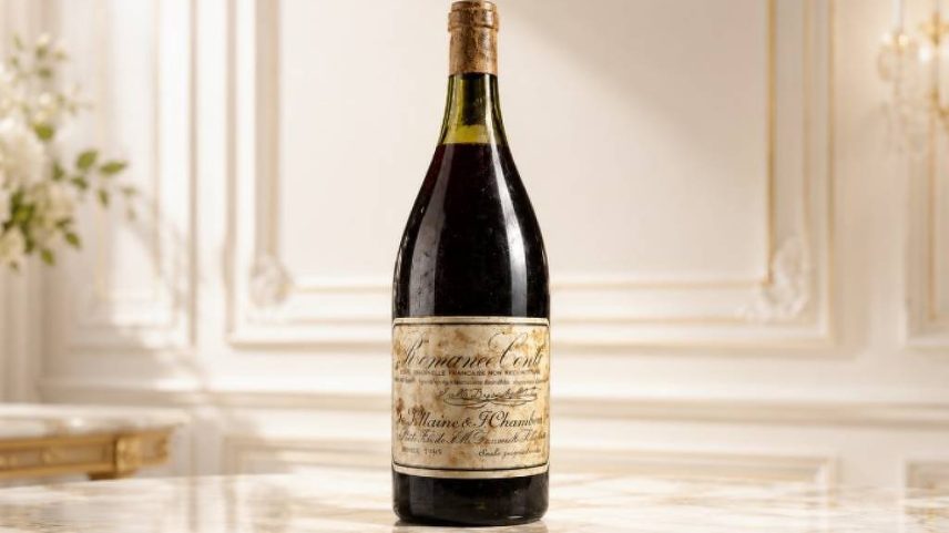 Garrafa de vinho tinto com rótulo envelhecido e rolha de cortiça, posicionada no centro de uma mesa de mármore clara. Fundo com parede branca decorada com molduras clássicas e arranjo floral desfocado à esquerda.