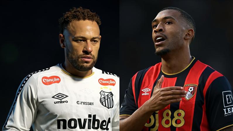 Neymar veste uniforme branco do Santos com patrocinadores visíveis, olhando para frente com expressão séria. Rayan usa camisa preta e vermelha do Bournemouth, com a mão direita no peito, olhando para o lado.