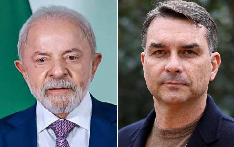 Montagem com as imagens do presidente Lula (PT) e do senador Flávio Bolsonaro (PL-RJ)