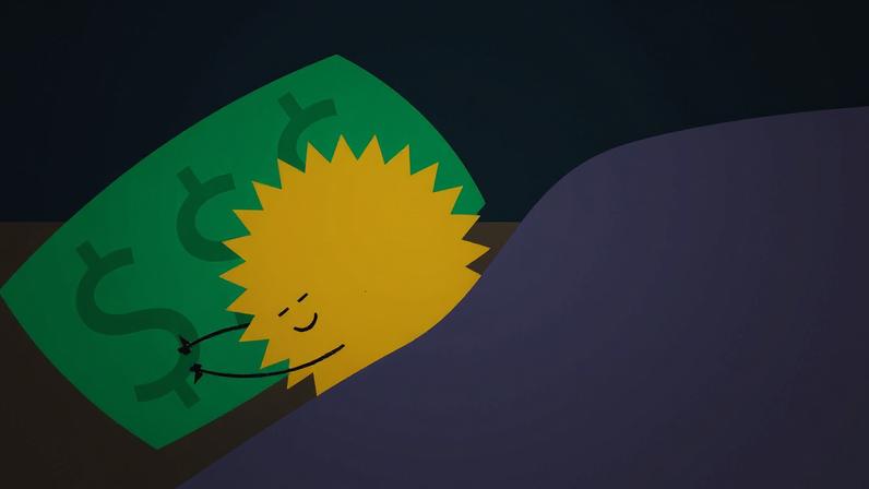 Ilustração mostra um sol amarelo com rosto sorridente dormindo abraçado a um travesseiro verde com símbolos de cifrão. O sol está coberto por um cobertor roxo, em um fundo azul claro.