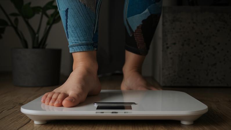 Uma mulher com roupas de ginástica pisa em balanças eletrônicas em casa