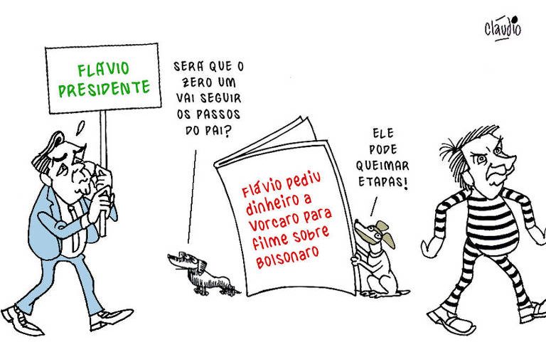O cartum mostra Flávio Bolsonaro caminhando enquanto segura uma placa eleitoral com a inscrição “FLAVIO PRESIDENTE”. No centro da composição, um cão salsicha pergunta: “Será que o zero um vai seguir os passos do pai?”. Ao lado dele um vira-lata lê um jornal com a manchete “Flávio pediu dinheiro a Vorcaro para filme sobre Bolsonaro”. O segundo cachorro diz: “Ele pode queimar etapas!”. No final do desenho, aparece surge Jair Bolsonaro, caminhando com uniforme listrado de presidiário.
