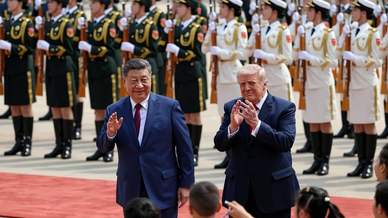 O líder chinês Xi Jinping e o presidente dos EUA, Donald Trump, participam de cerimônia de boas-vindas no Grande Salão do Povo, em Pequim