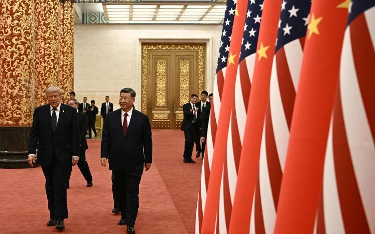 Donald Trump, presidente dos Estados Unidos, e Xi Jinping, líder da China, em banquete em Pequim