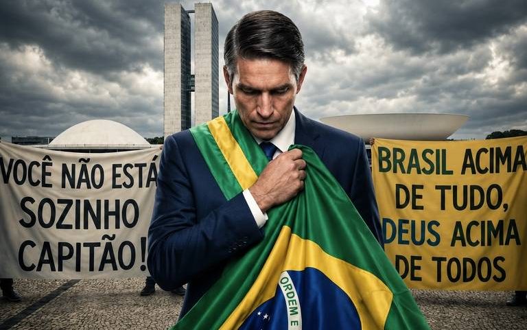 Jim Caviezel como Jair Bolsonaro em cartaz do filme 'Dark Horse'