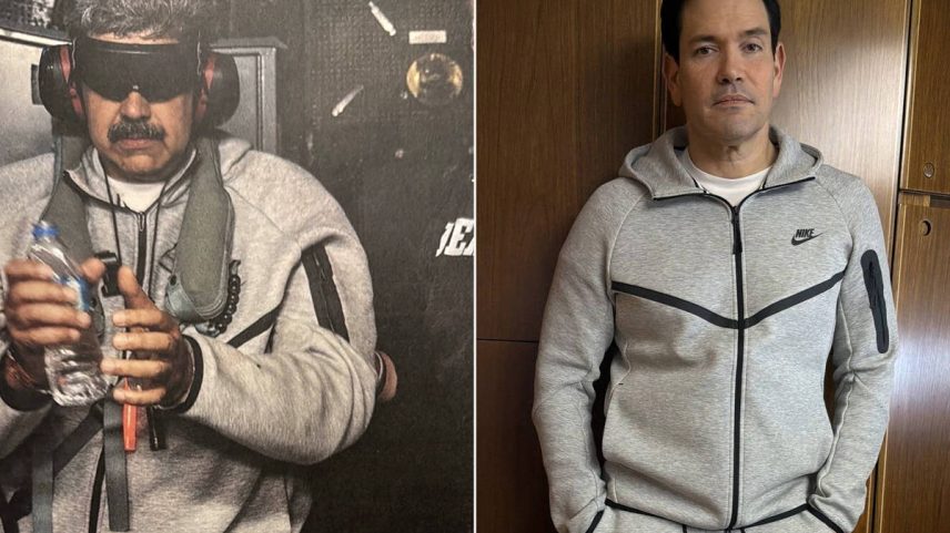 Imagem divulgada pelo governo dos EUA de Nicolás Maduro após ser captura, e Marco Rubio usando o mesmo conjunto da Nike em viagem à China a bordo do avião presidencial