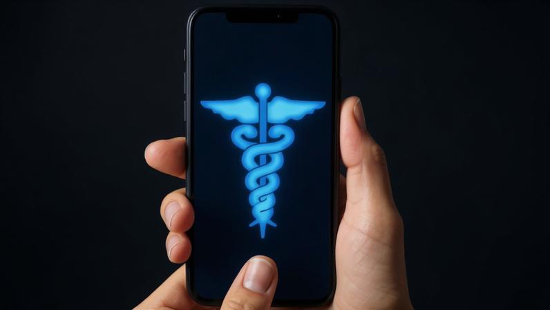 Duas mãos seguram um celular com a tela exibindo o símbolo azul de caduceu, representando medicina. Ao fundo, ícones flutuantes de curtidas e corações em tons de rosa e vermelho sobre fundo azul claro.