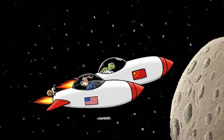 A lebre americana, com a ajuda de um caracol, tenta superar a tartaruga chinesa na corrida para a Lua, em traço de Salvador Nogueira e cores via ChatGPT