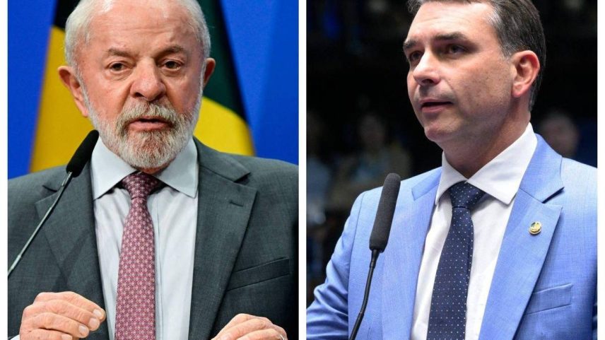 O presidente Lula (PT) e o senador Flávio Bolsonaro (PL), que estão à frente nas pesquisas eleitorais deste ano.