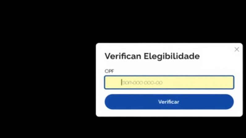 Página do site Novo Desenrola Brasil exibindo notícia sobre limpeza de nome com descontos de até 96% e parcelamento em até 60 meses. Pop-up central solicita CPF para verificar elegibilidade, com campo para digitar e botão azul 'Verificar'.
