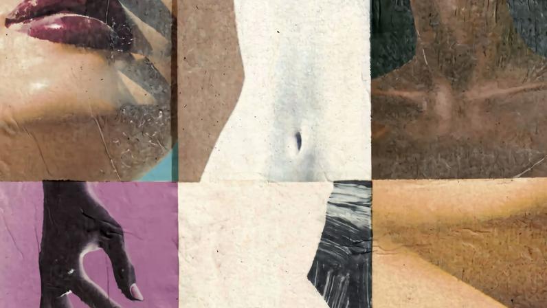 Montagem composta por 15 quadrados mostrando close-ups de várias partes do corpo humano, incluindo mãos, braços, pernas, tronco e rosto, com diferentes tons de pele e fundos coloridos variados.