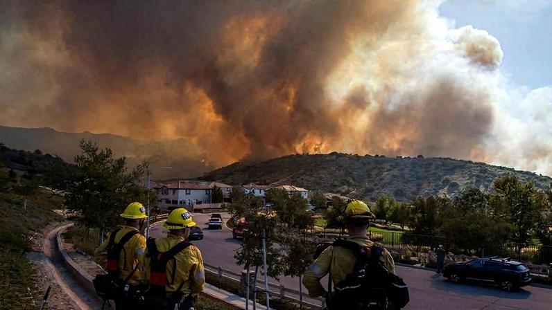 Bombeiros monitoram o incêndio 'Sandy' nas colinas próximas a uma área residencial em Simi Valley, na Califórnia