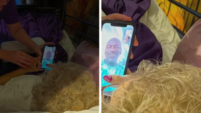 Michael Jordan em chamada de vídeo com sua professora de ensino médio — Foto: Reprodução