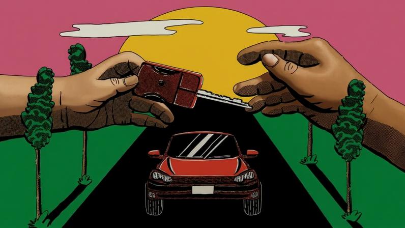 Duas mãos trocam uma chave vermelha diante de um carro vermelho em uma estrada preta ladeada por árvores verdes, com o sol amarelo se pondo em um céu rosa.