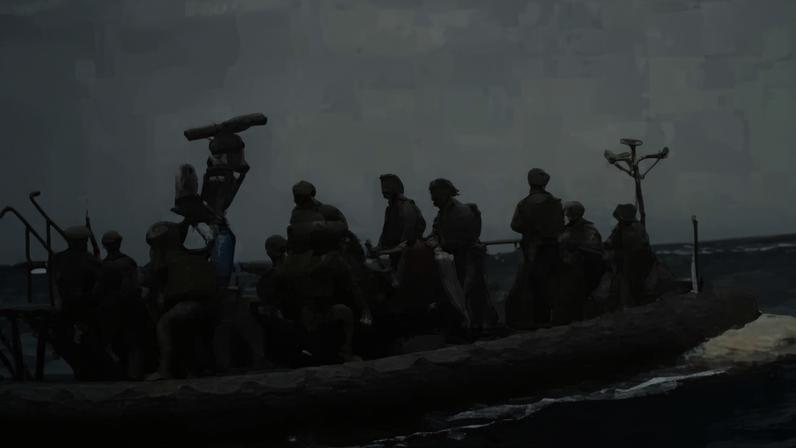 Dez militares em uniforme estão em uma embarcação pequena navegando em mar com ondas visíveis. O céu está nublado e a água apresenta movimento intenso.