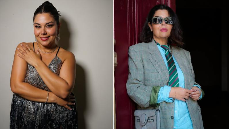 À esquerda, mulher com vestido prateado brilhante, cabelo preso e brincos longos, posando com braços cruzados. À direita, mulher com blazer cinza, camisa azul, gravata listrada e óculos escuros, segurando bolsa cinza em ambiente urbano.