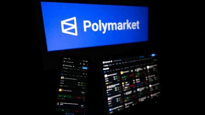 Logo e página inicial da Polymarket, plataforma americana de previsão de mercado baseada em criptomoedas
