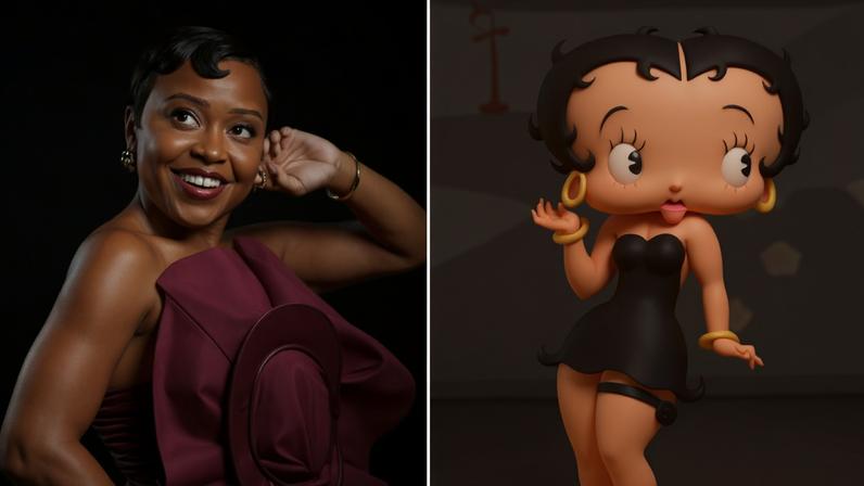 À esquerda, mulher sorridente com vestido roxo de cetim e penteado vintage, posando com a mão atrás da cabeça. À direita, personagem animada Betty Boop em preto e branco, usando vestido preto curto e brincos grandes, em pose característica.
