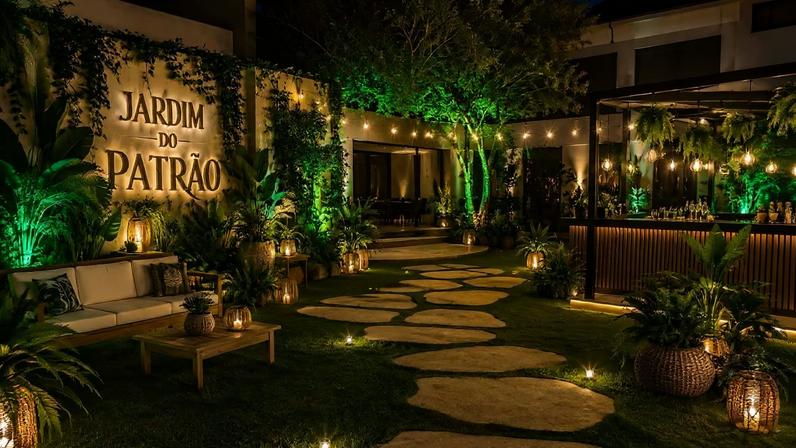 Jardim noturno com caminho de pedras iluminado por pequenas luzes no chão. Móveis de madeira e plantas decoram o espaço, com parede ao fundo exibindo o texto 'Jardim do Patrão' em letras grandes. Luzes amarelas e verdes realçam a vegetação e criam ambiente acolhedor.