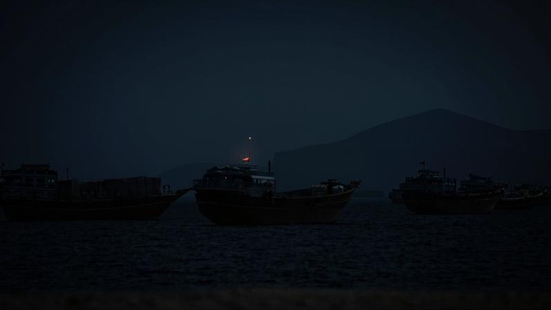 Cinco barcos de carga ancorados em linha no mar calmo, com montanha desfocada ao fundo sob céu claro.