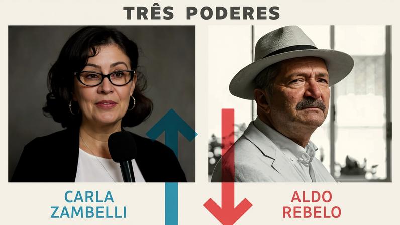 Montagem com duas fotos em preto e branco lado a lado. À esquerda, Carla Zambelli com cabelo curto e cacheado, óculos escuros e brincos de argola, falando ao microfone. À direita, Aldo Rebelo com chapéu claro, bigode e expressão séria, vestindo paletó claro, com janela desfocada ao fundo. Acima, o título 'TRÊS PODERES'. Setas indicam direção: azul para cima sob Carla Zambelli e vermelha para baixo sob Aldo Rebelo.