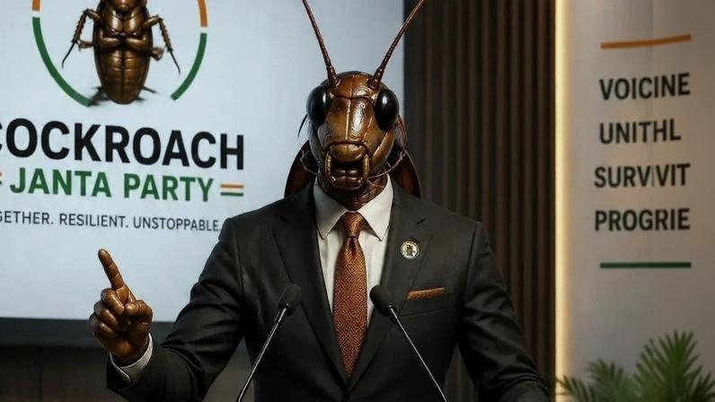 Pessoa vestida com terno marrom e gravata laranja, usando máscara de barata, fala em púlpito com microfones. Ao fundo, logo do 'Cockroach Janta Party' com slogan 'Together. Resilient. Unstoppable.' e palavras 'Voice. Unity. Survival. Progress.' em parede.