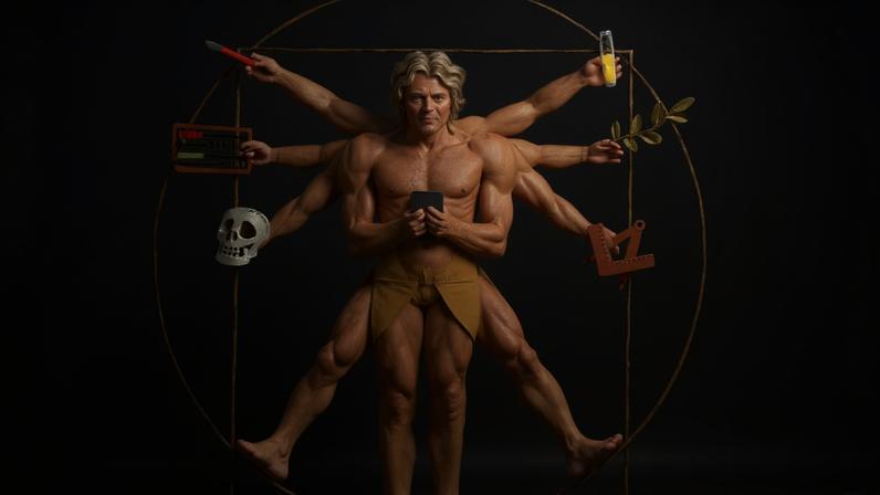 Figura masculina estilizada com múltiplos braços e pernas dentro de um círculo e quadrado dourados sobre fundo azul. Cada mão segura objetos variados: um livro, um crânio, um celular, uma régua, uma taça e um ramo de folhas. A imagem combina elementos clássicos e contemporâneos em estilo gráfico.