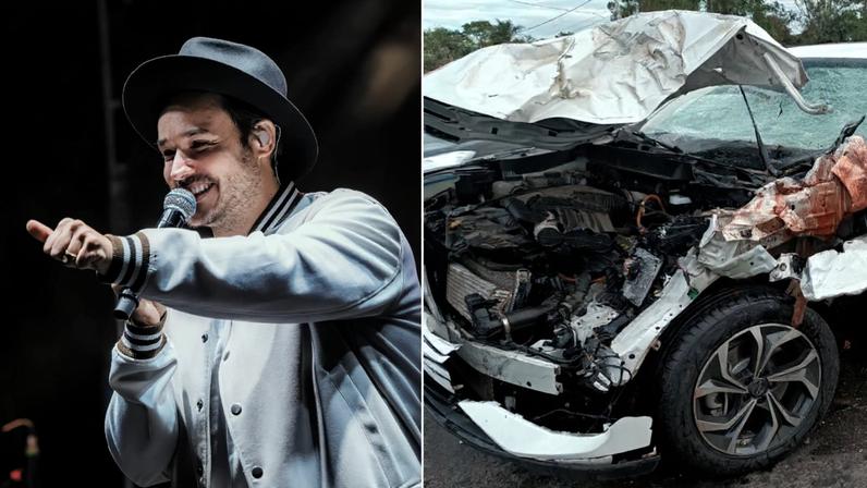 Israel e o carro destruído após o acidente envolvendo uma cavalo solto em rodovia de Goiás