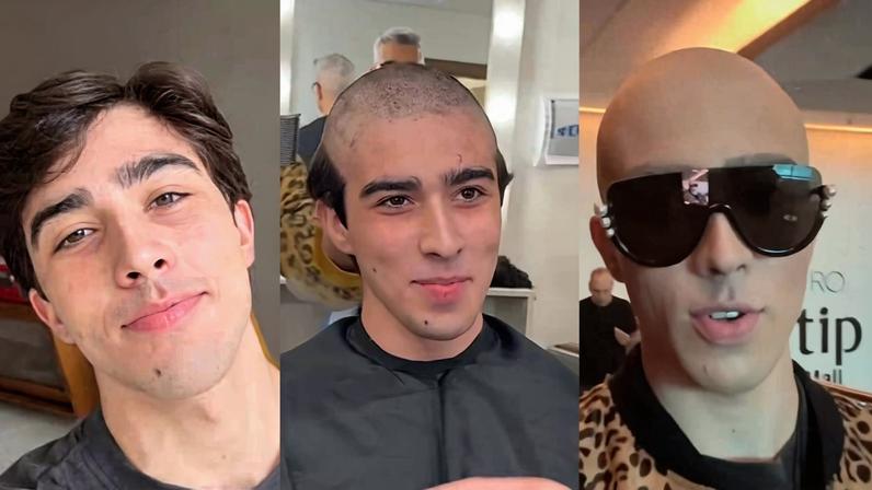 João Pedro Chaseliov antes, durante e depois do processo de caracterização para viver Paulo Gustavo