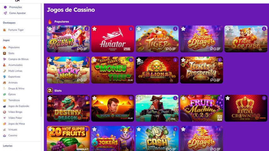 Tela de site de cassino online exibindo uma grade de jogos populares com ícones coloridos e títulos como 'Aviator', 'Tiger', 'Fortune Dragon' e 'Golden Ox'. Menu lateral à esquerda com categorias e opções de navegação. Fundo roxo com interface organizada.