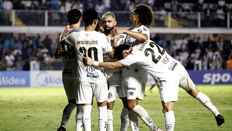Jogadores do Santos celebram gol de Gabriel Bontempo