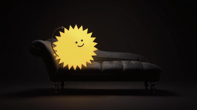 Sofá preto clássico com pernas torneadas sobre fundo verde claro. Ilustração de sol amarelo sorridente com braços está posicionada sobre o encosto do sofá.